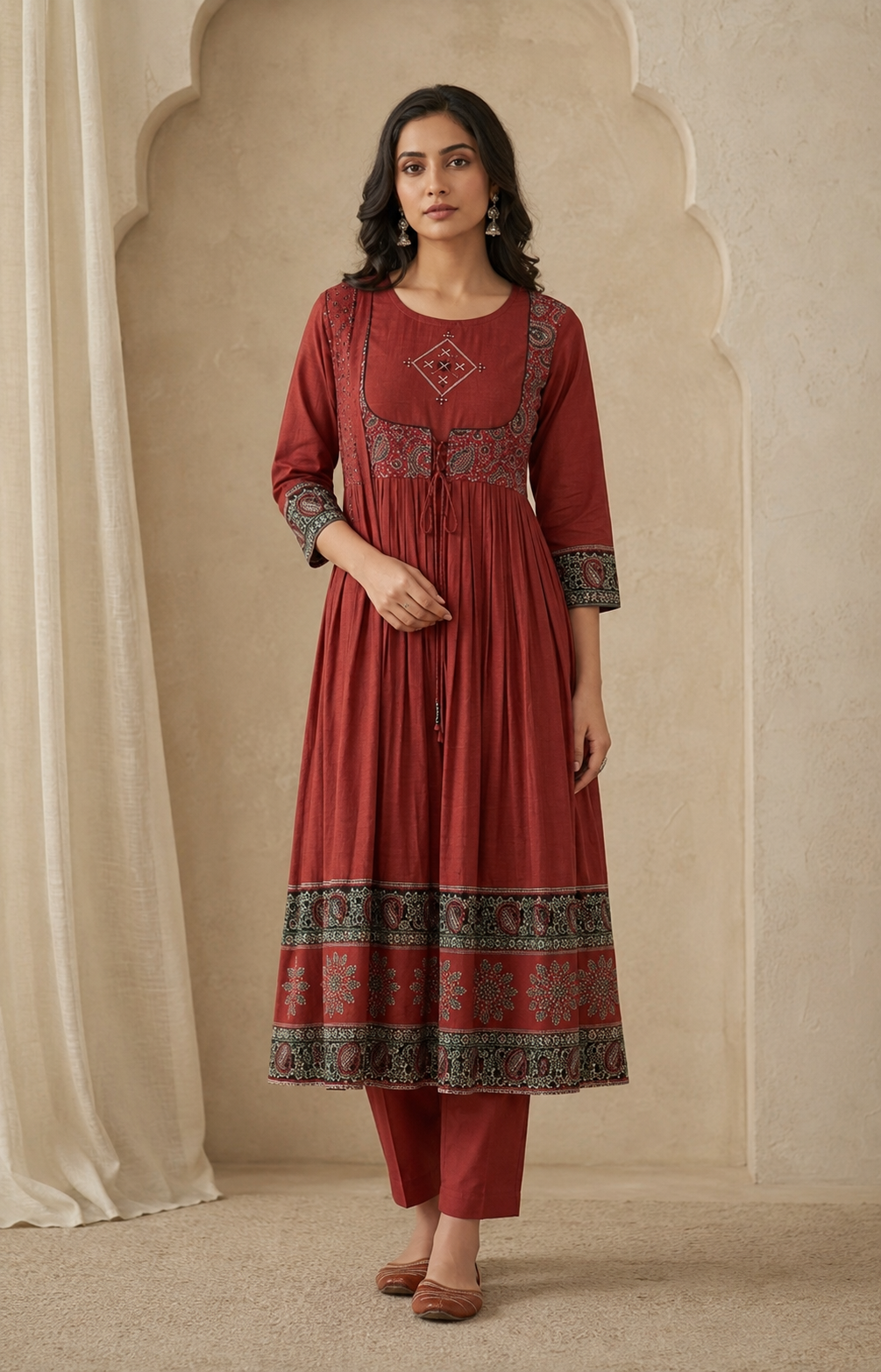 Rust Red Gathered Kurti Set