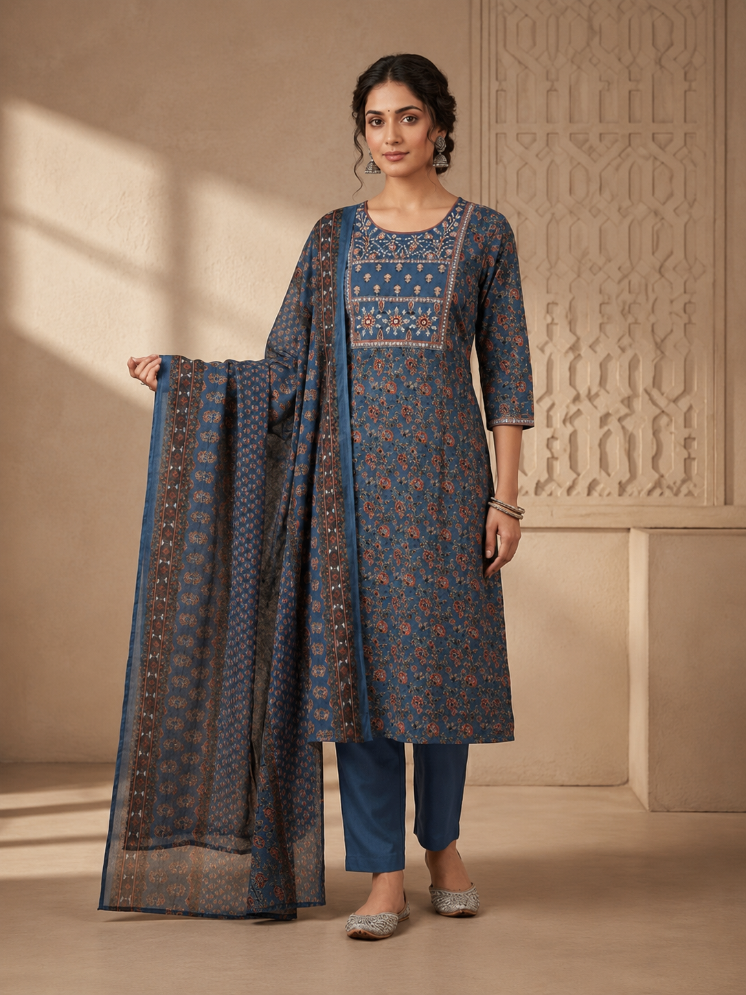 Midnight Blue Printed Kurti Set with Dupatta