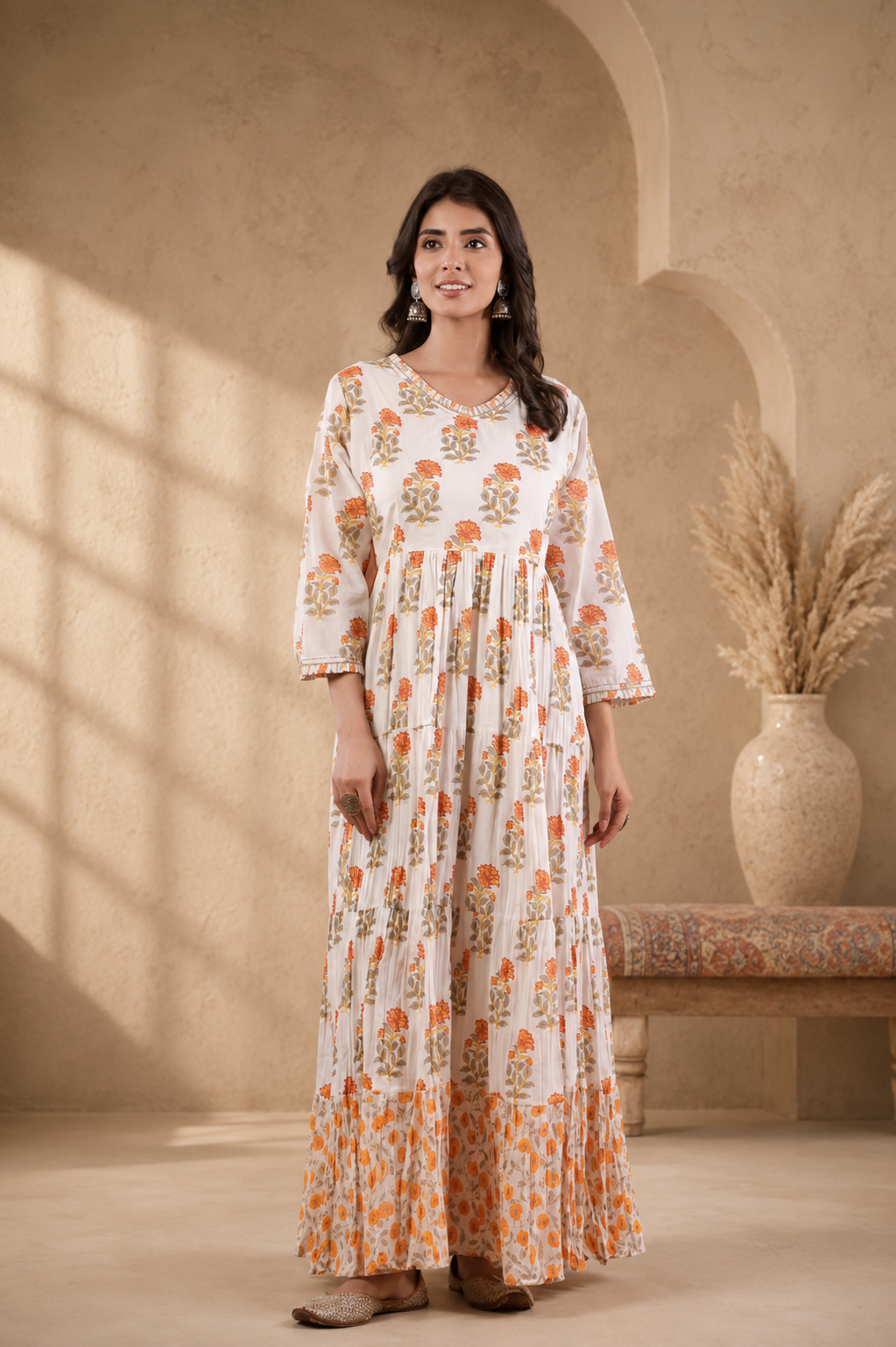 Orange Floral Tiered Ethnic Dress