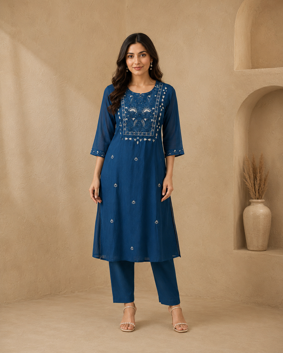 Royal Blue Embroidered Kurti Set