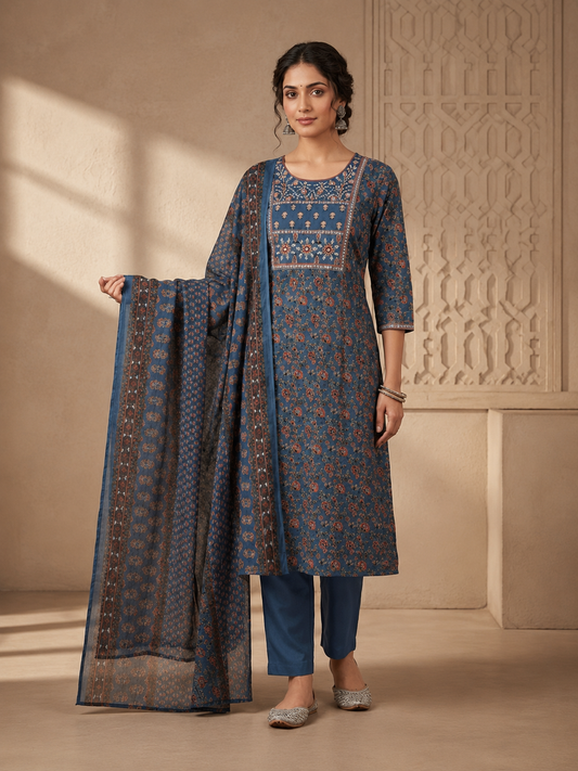 Midnight Blue Printed Kurti Set with Dupatta
