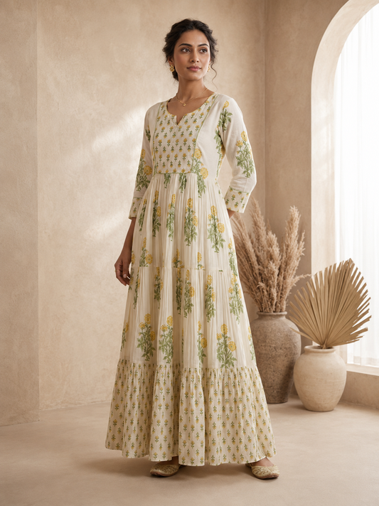 Lemon Green Floral Anarkali Dress